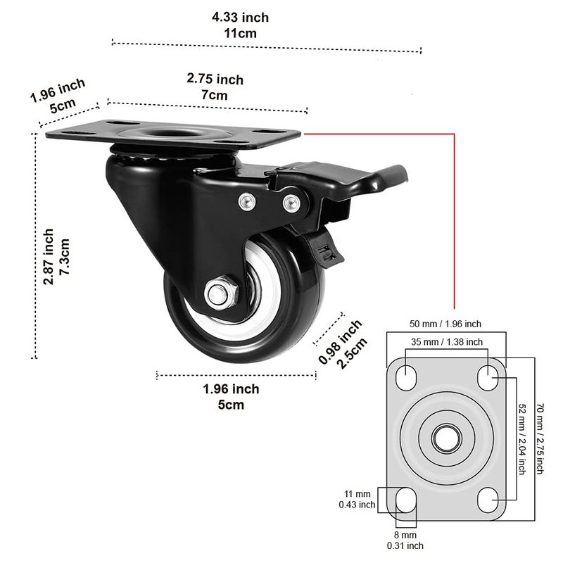 ASHGOOB 2" Caster Wheels Set of 4, Heavy Duty Casters with Brake, No Noise Locking Polyurethane (PU) Wheels, Swivel Plate Castors Pack 4 - Image 3